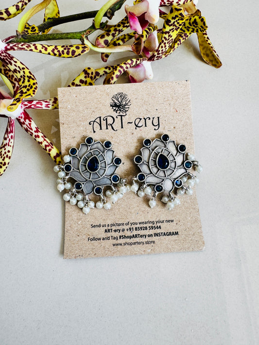 Oxidised silver earrings - black stones and beads