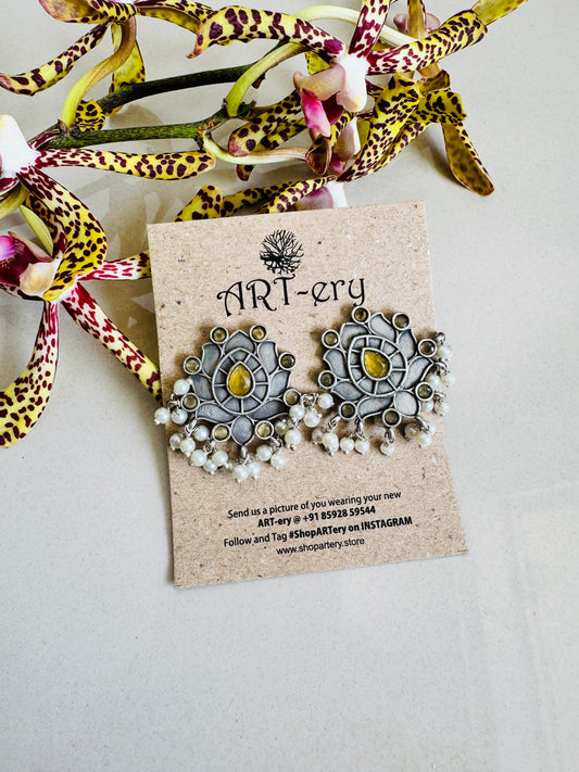 Oxidised silver earrings - yellow stones and beads