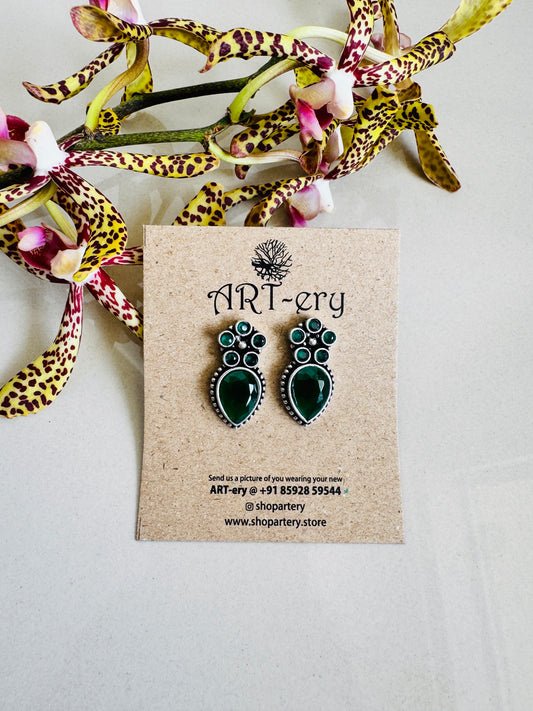 Oxidised silver earrings - green multi-stone