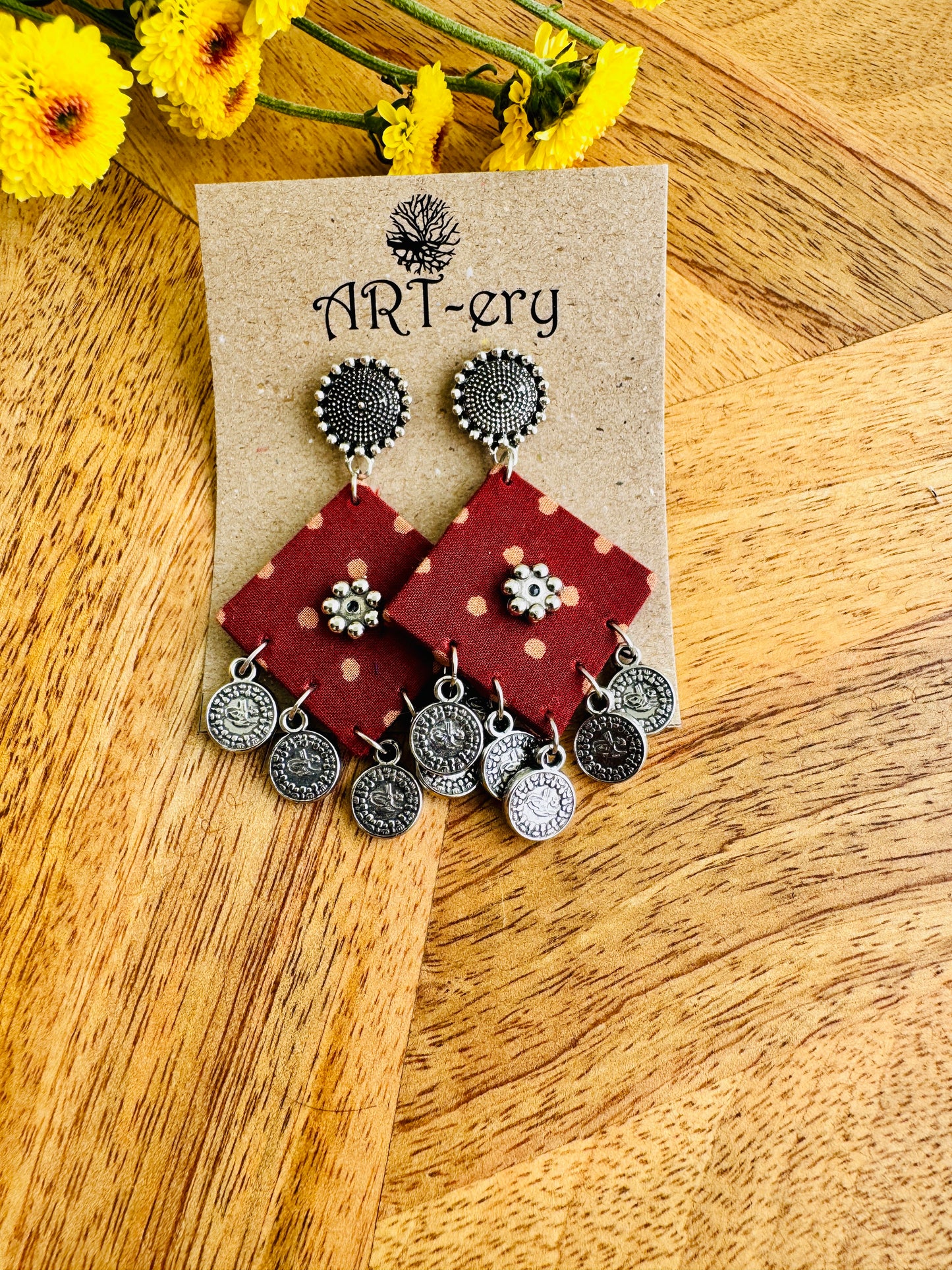 Handcrafted Fabric Statement Earrings | Boho Ethnic Earrings for Women - Red earring
