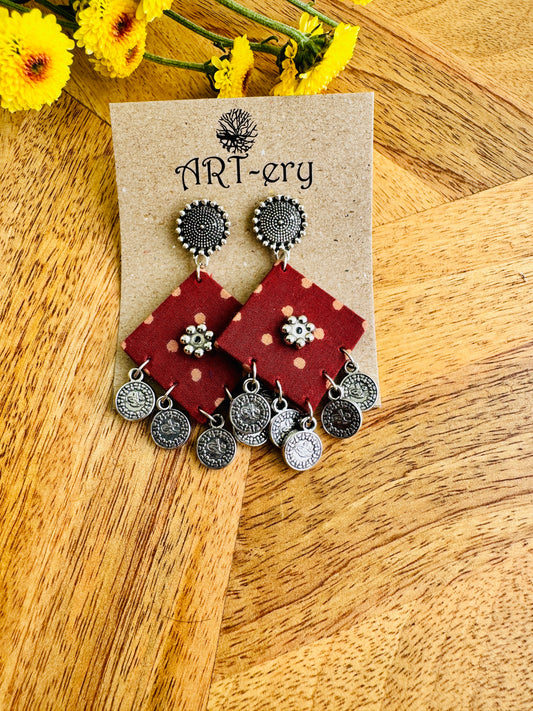 Handcrafted Fabric Statement Earrings | Boho Ethnic Earrings for Women - Red earring