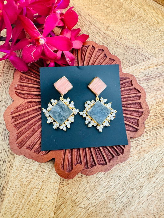 Brass earrings with Natural Stones - Textured stones and beads