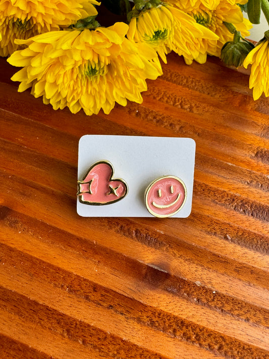 Peach ear stud Smiley and Heart