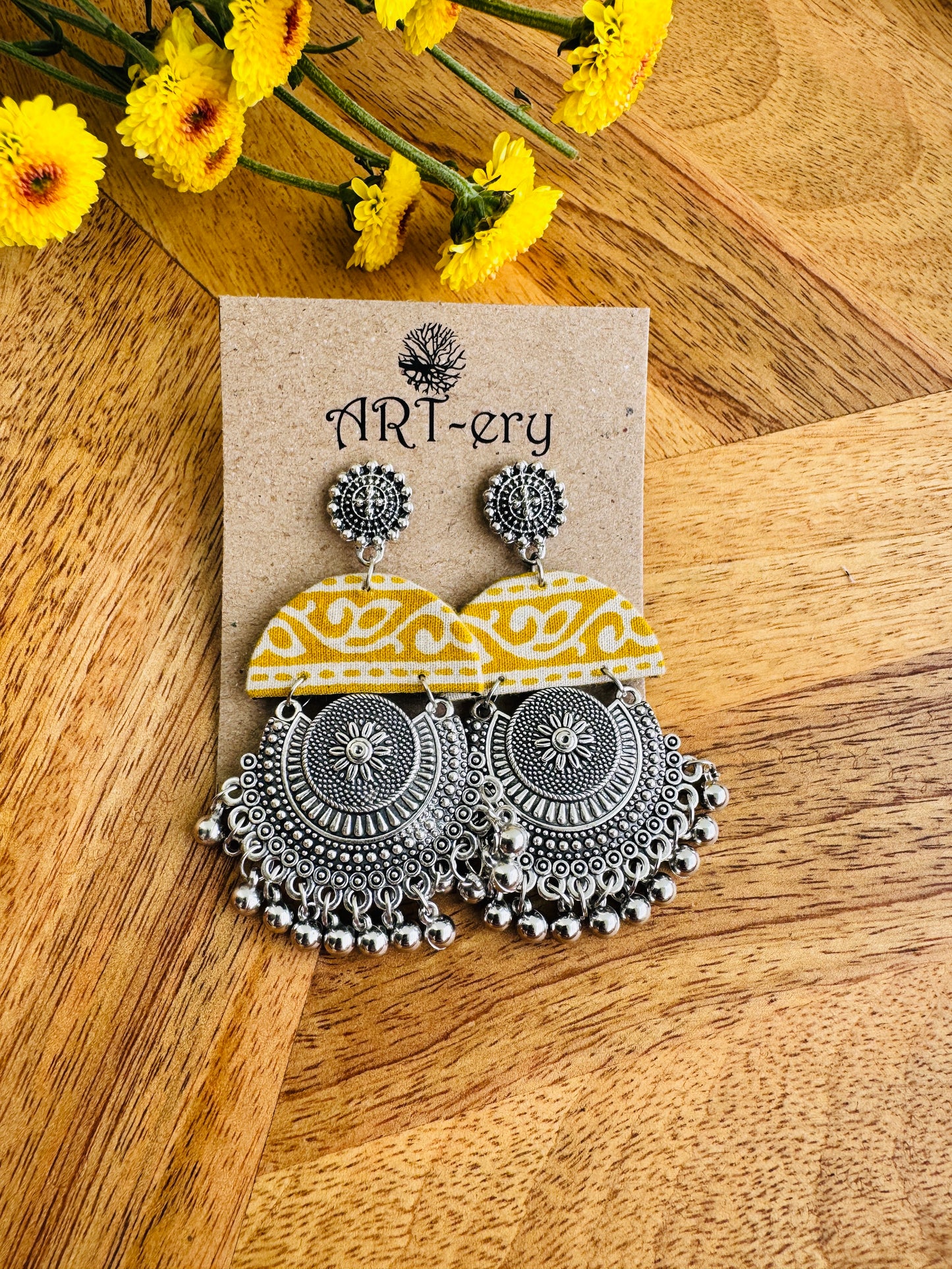 Handcrafted Fabric Statement Earrings | Boho Ethnic Earrings for Women - Yellow