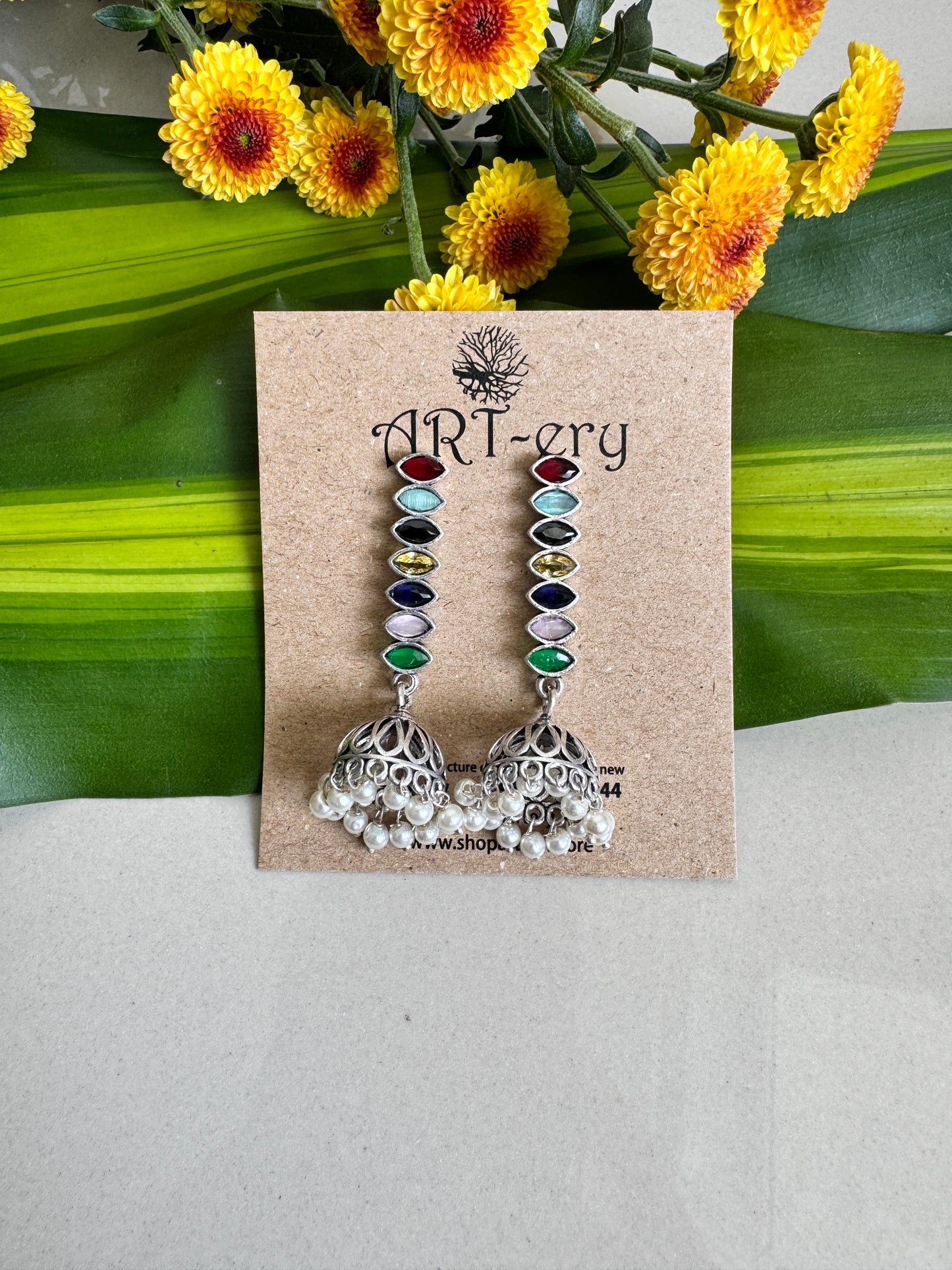 Stone earring with jhumka earrings - Multi color stone