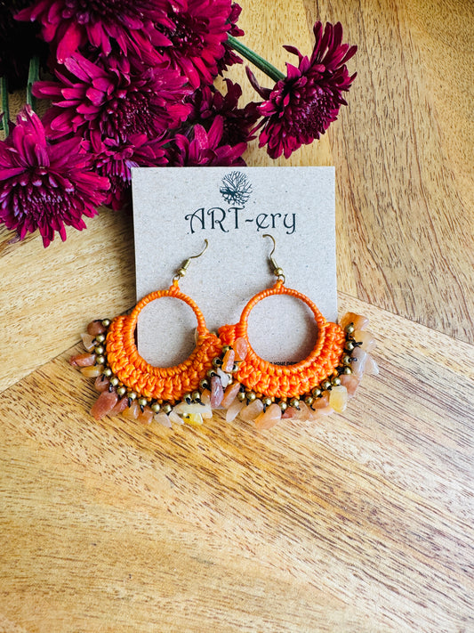 Handcrafted  Crochet earrings - Orange stone