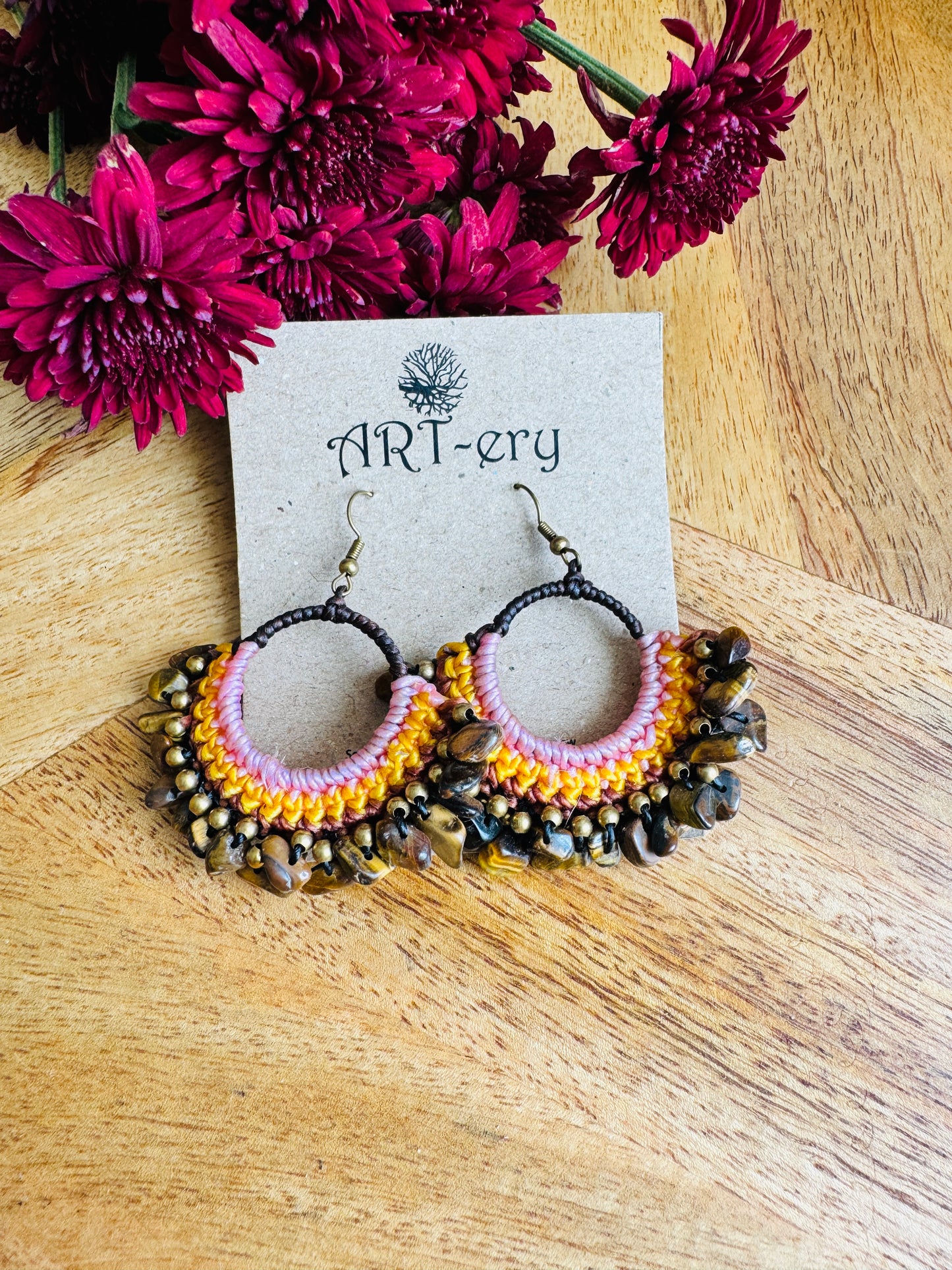 Handcrafted  Crochet earrings - Natural brown