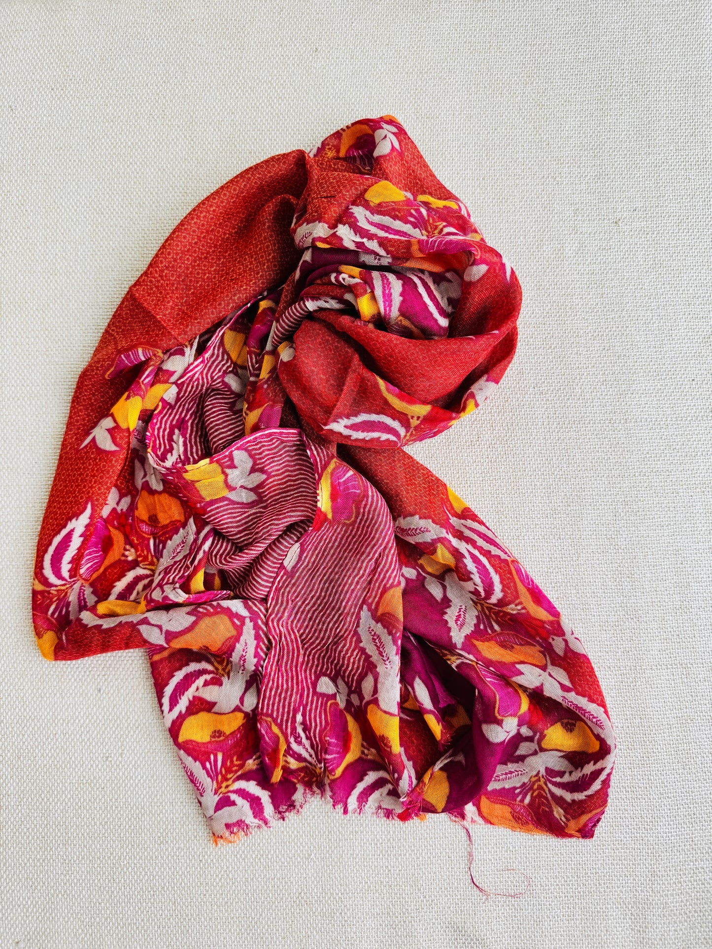Bright poly cotton scarf - Lightweight long stole - Bright rust orange  printed scarf