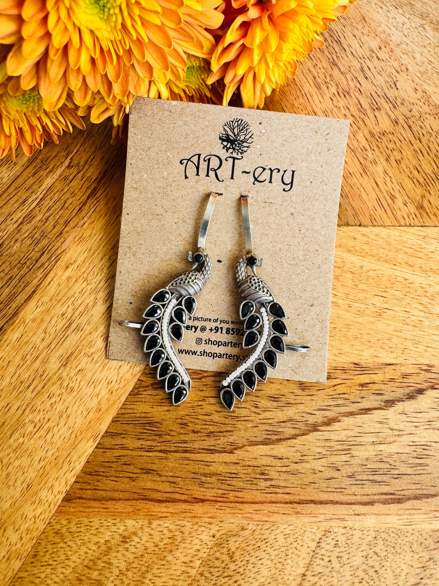 Oxidised silver bugadi ear cuff - Peacock design with stones