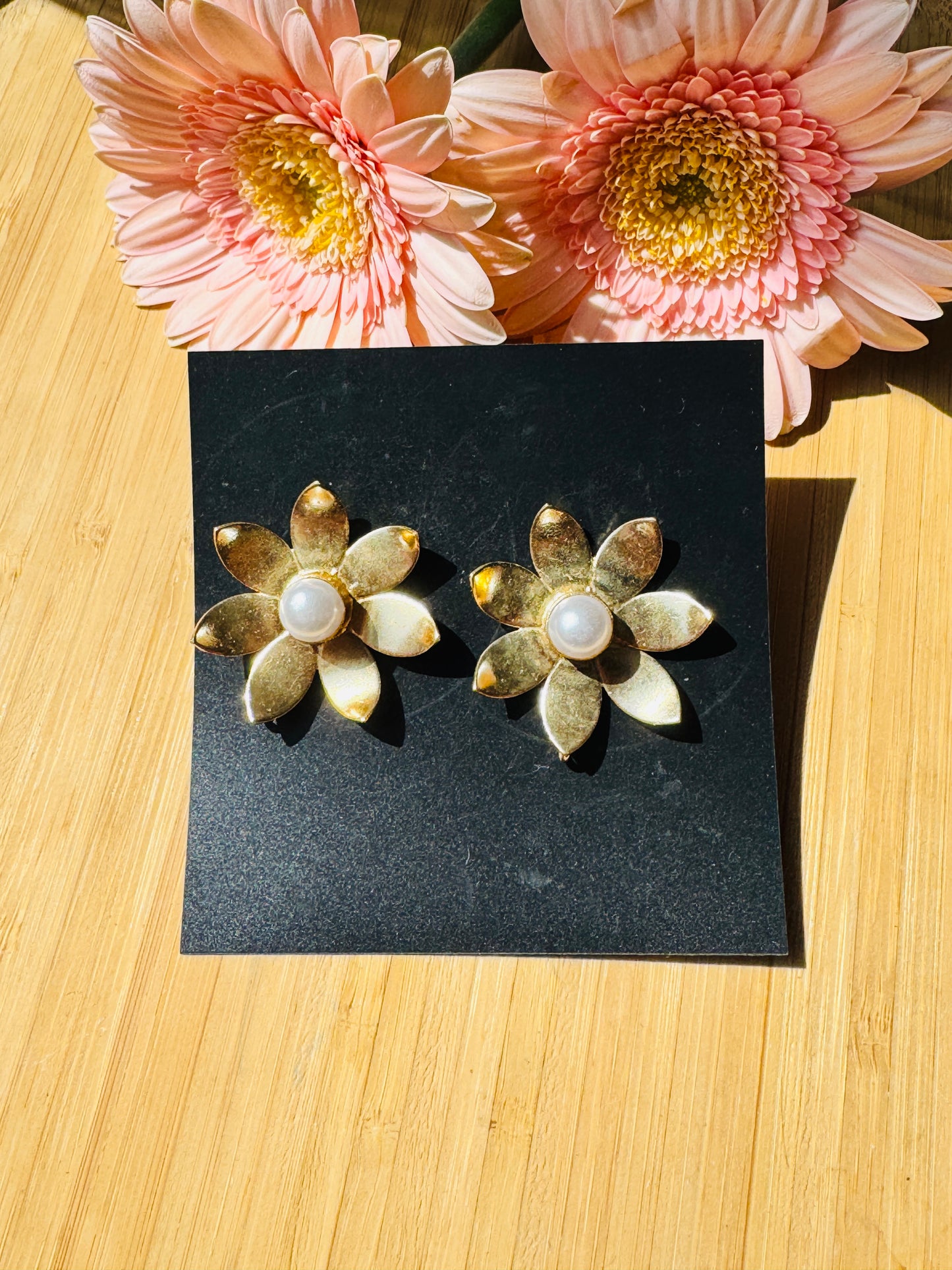 Handcrafted Bold Brass Earrings | Premium Indian Jewellery - floral pearl stud