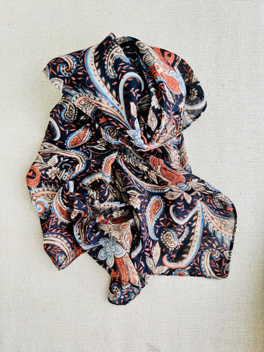 Bright poly cotton scarf - Lightweight long stole - dark printed stole