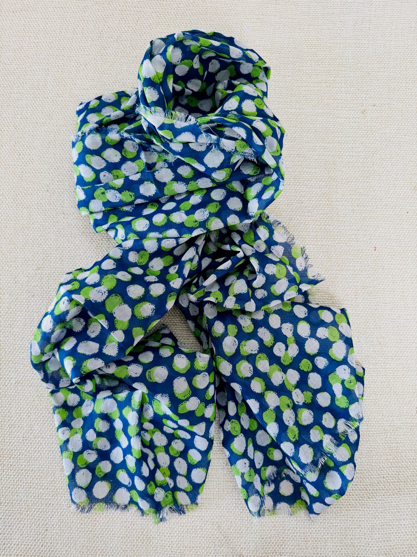 Lightweight Printed Poly-Cotton Scarf for Women Blue and Green dotted scarf