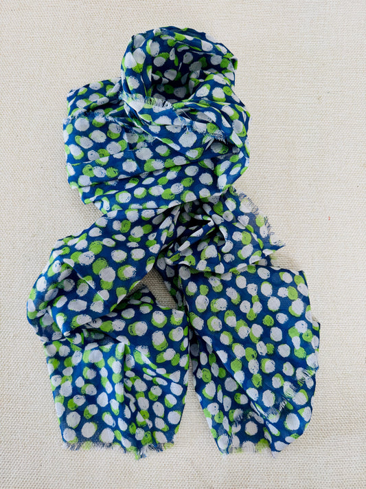 Lightweight Printed Poly-Cotton Scarf for Women Blue and Green dotted scarf
