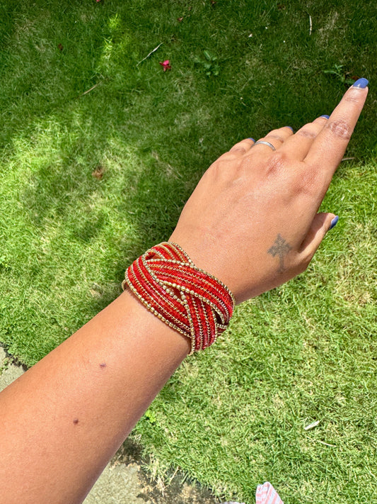 Beaded Red and gold free size arm cuff
