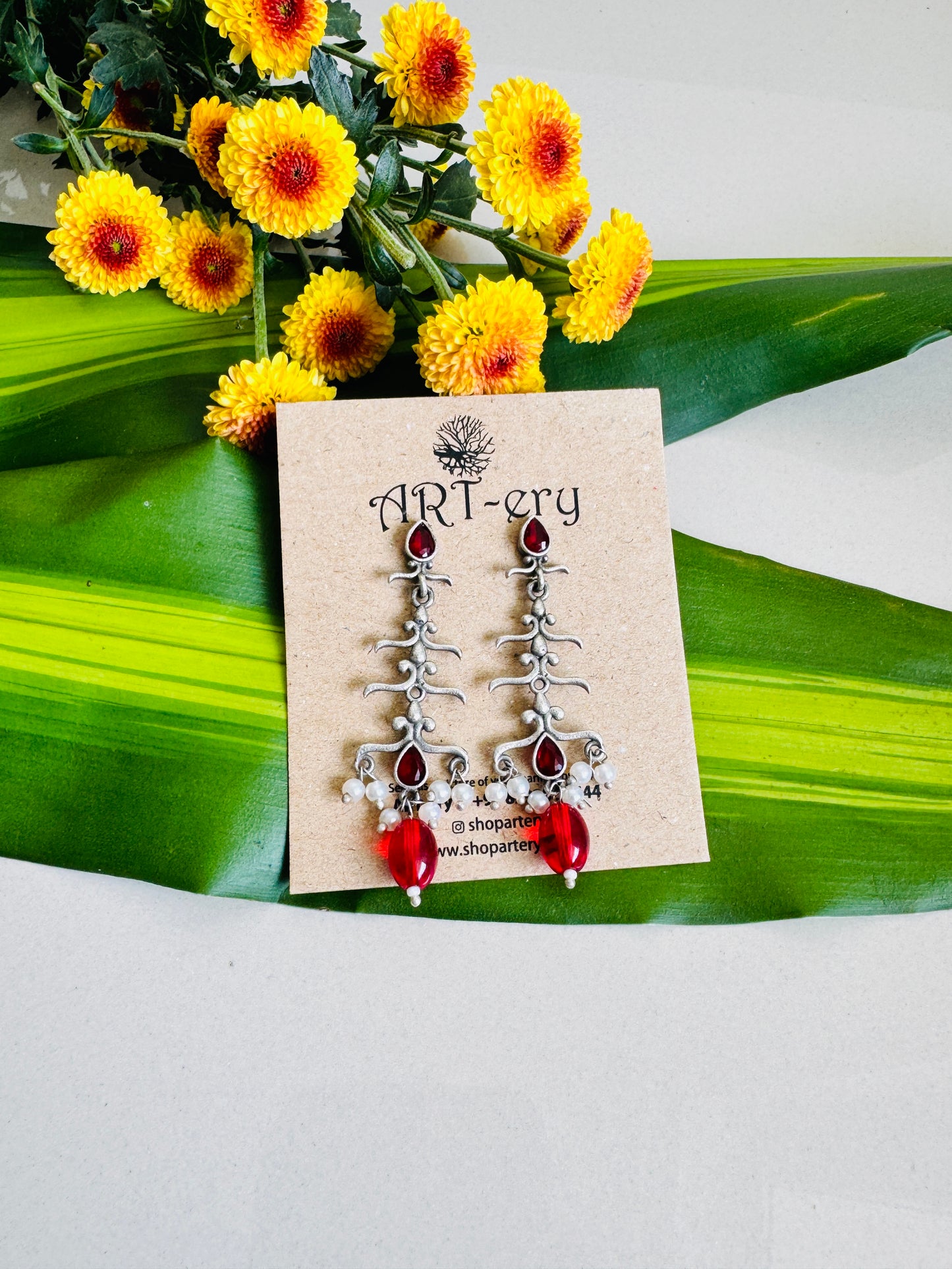 Oxidised silver red dangler