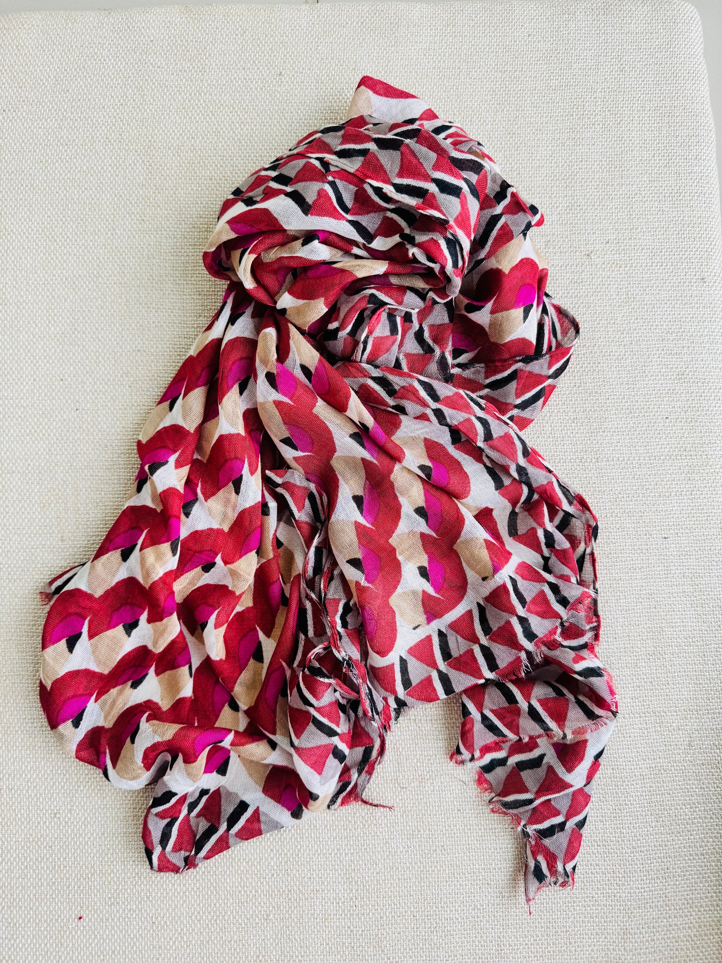 Bright poly cotton scarf - Lightweight long stole - Bright printed Red scarf