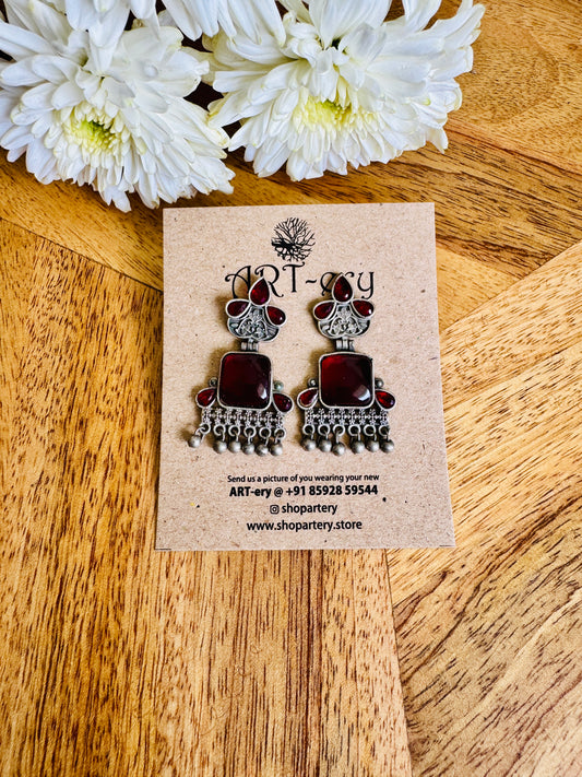 Stone oxidised silver earrings - Maroon