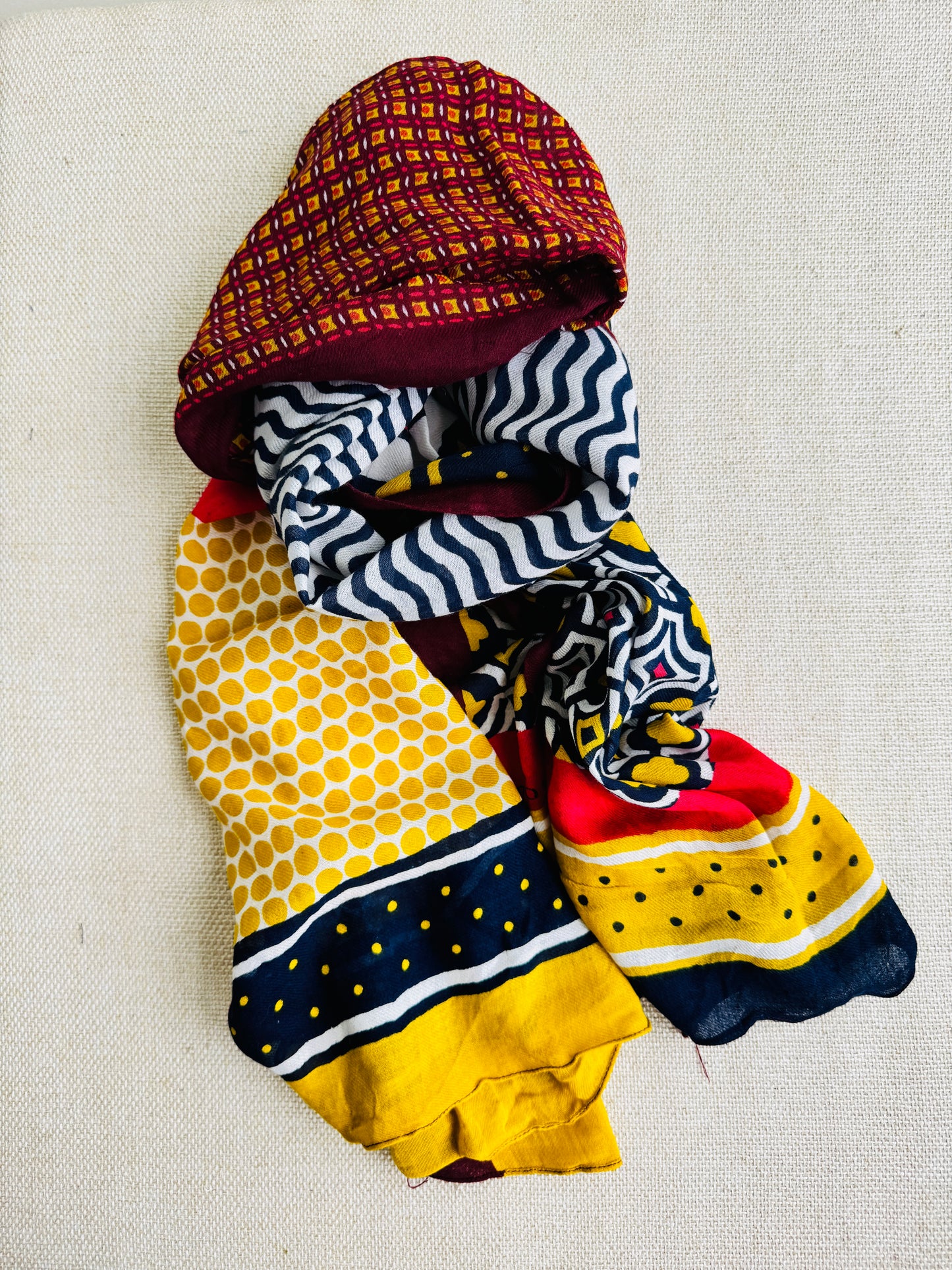 Bright poly cotton scarf - Lightweight long stole - Bright red and yellow abstract scarf