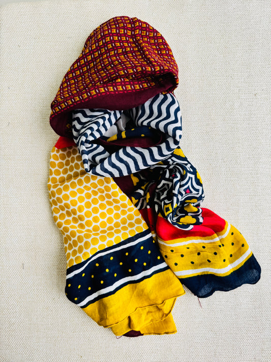 Bright poly cotton scarf - Lightweight long stole - Bright red and yellow abstract scarf