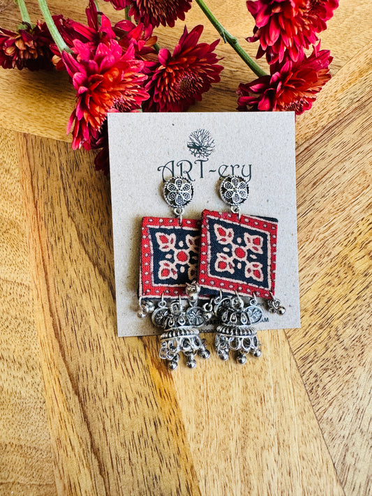Fabric earrings - red and blue earring with jhumka