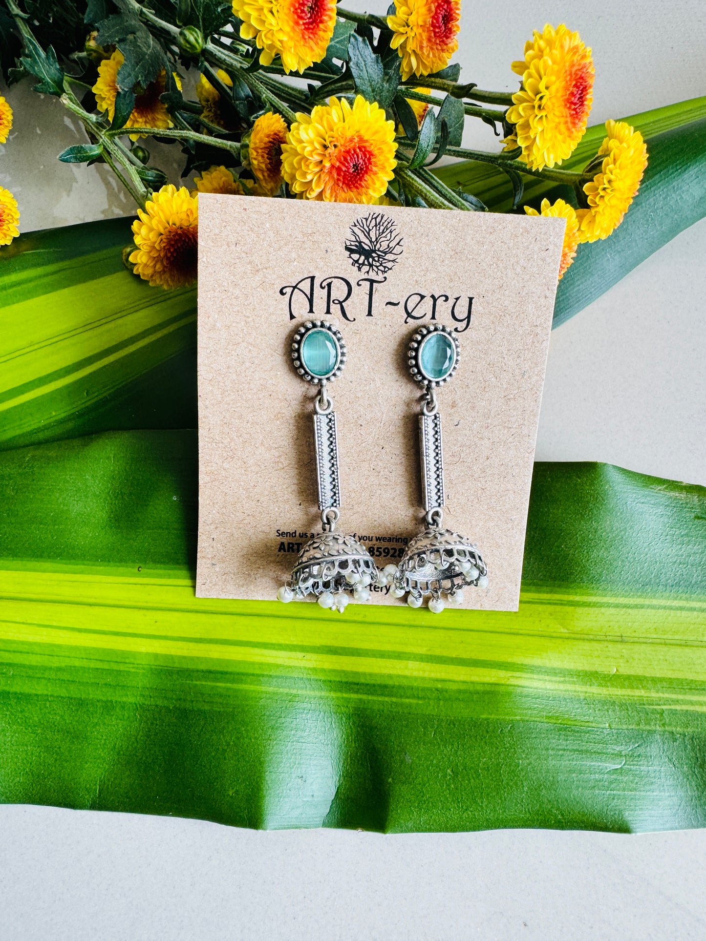 Lightweight oxidised silver jhumka with long stem  - Sea green