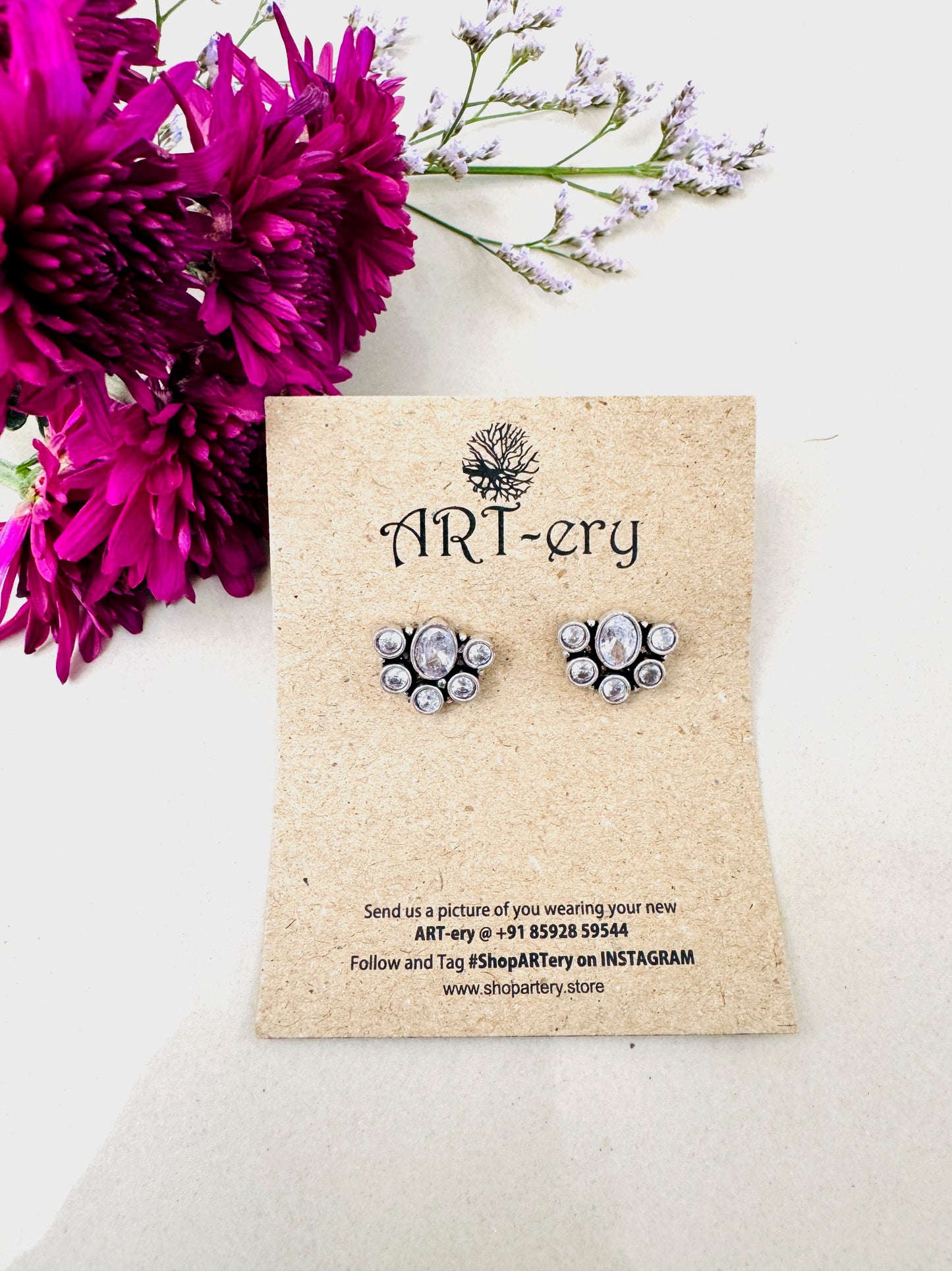 Semi circle oxidised silver earring - white