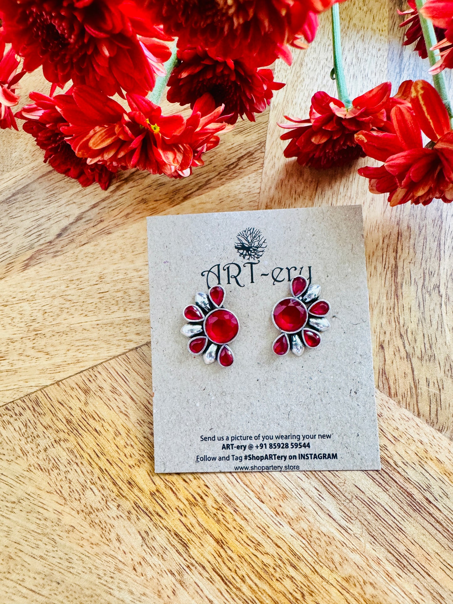 Semi circle light red stone earring