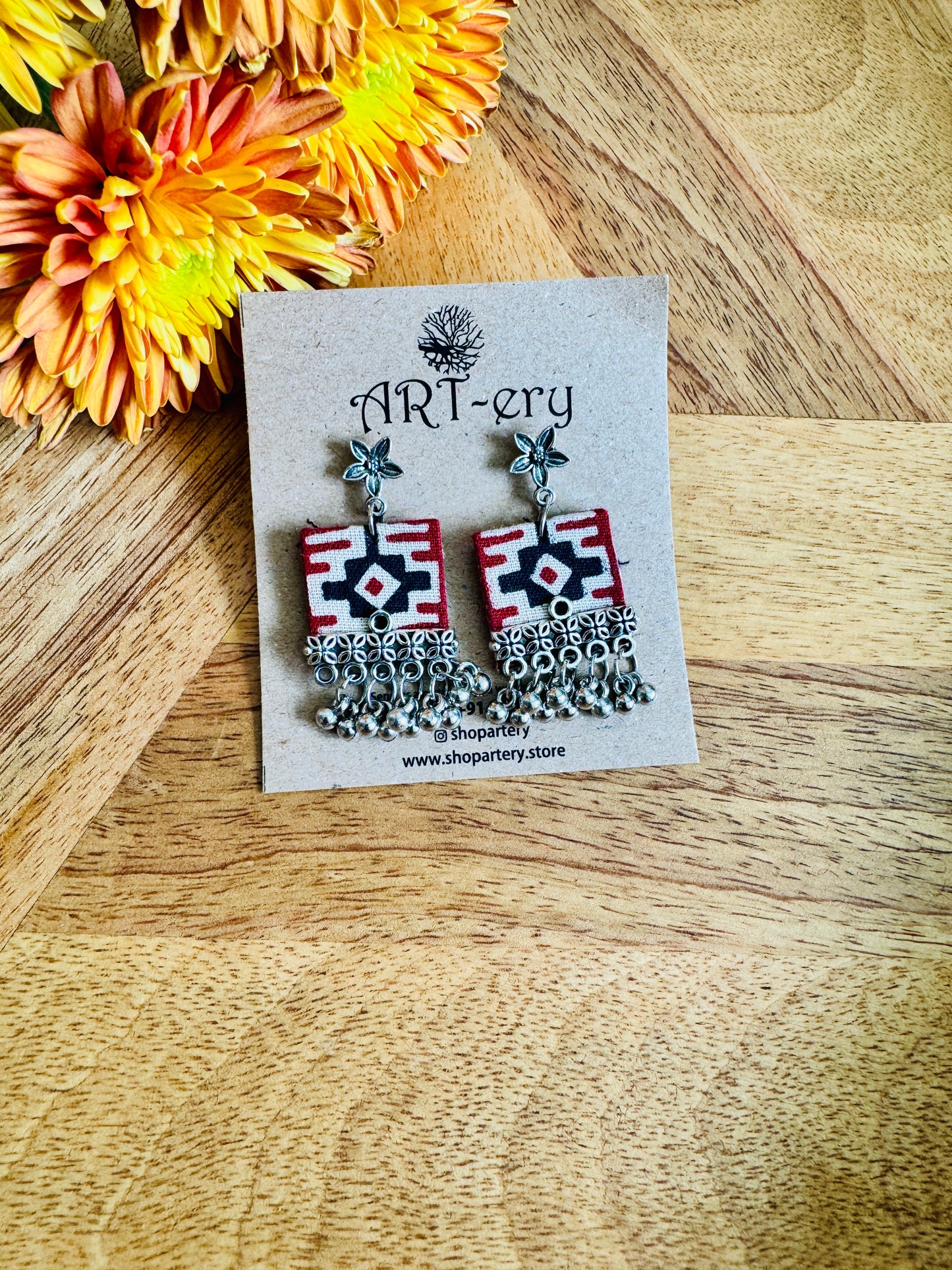 Small square Printed ethnic oxidised silver fabric earrings