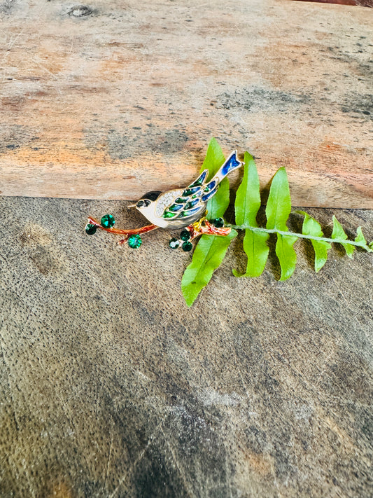 Vintage bird on a  branch Enamel Brooch