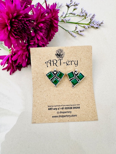Triangle oxidised silver earrings  - Dark Green