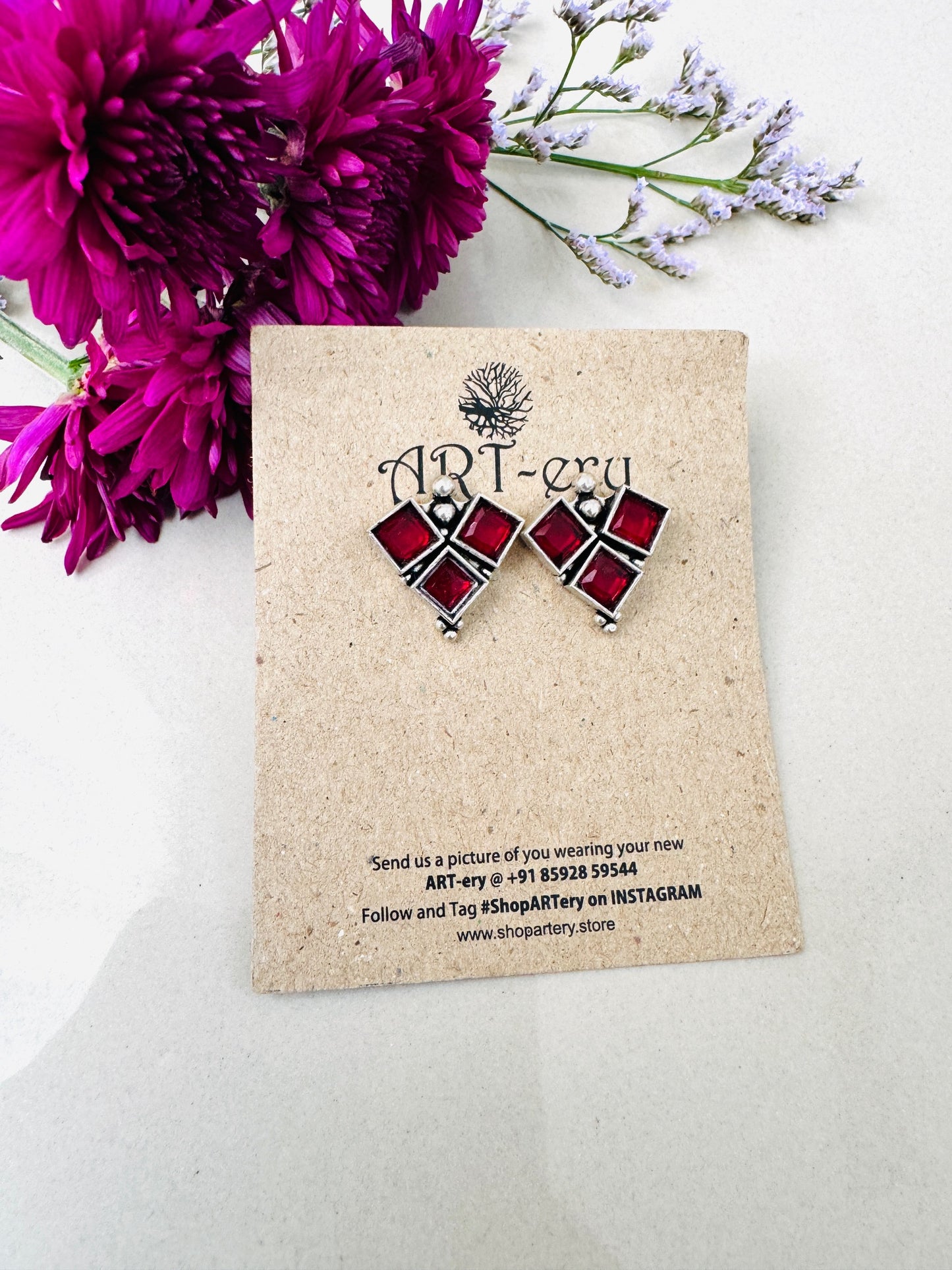 Triangle oxidised silver earrings  - Red