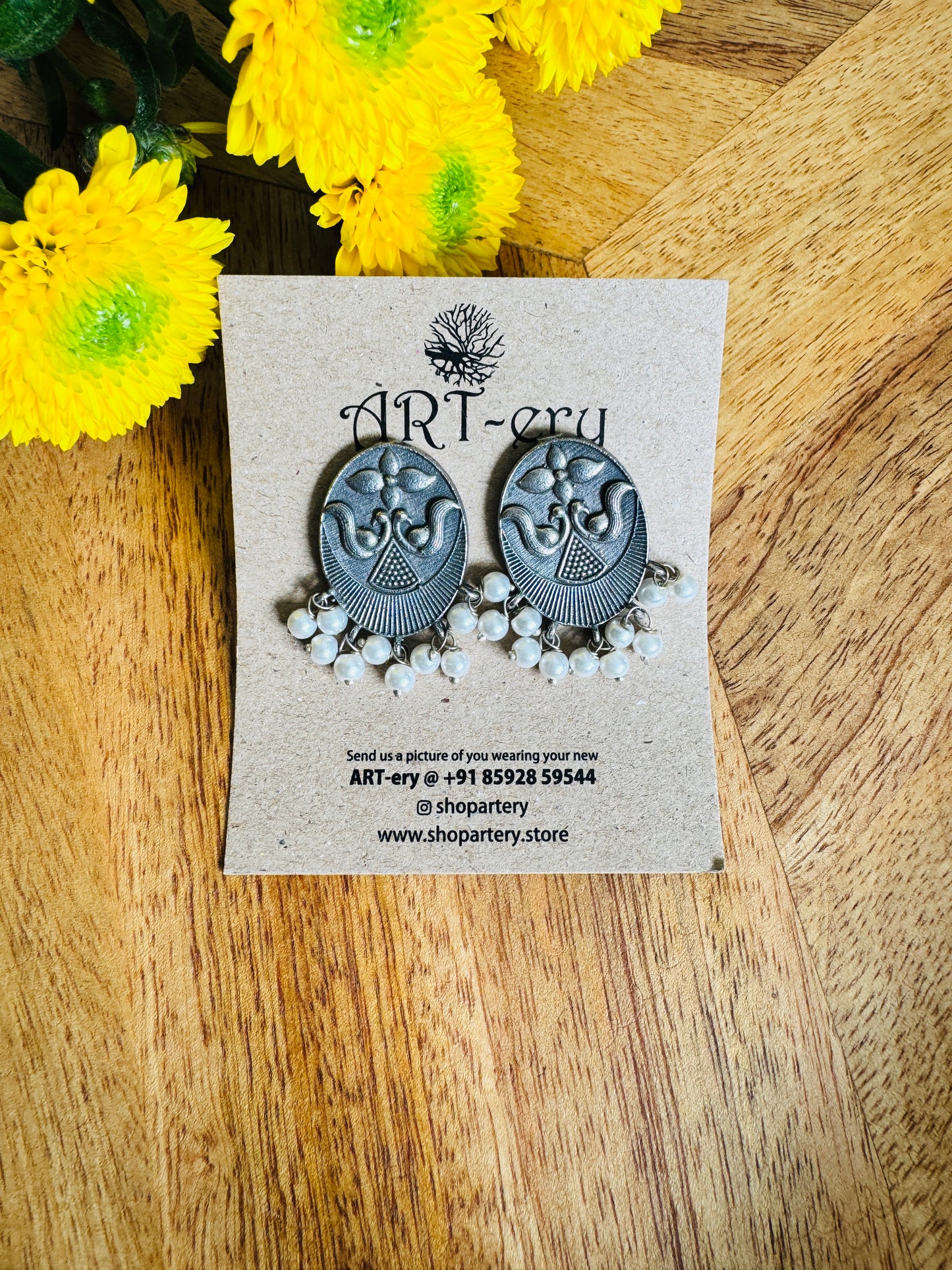 Cluster pearl abstract oxidised silver earring