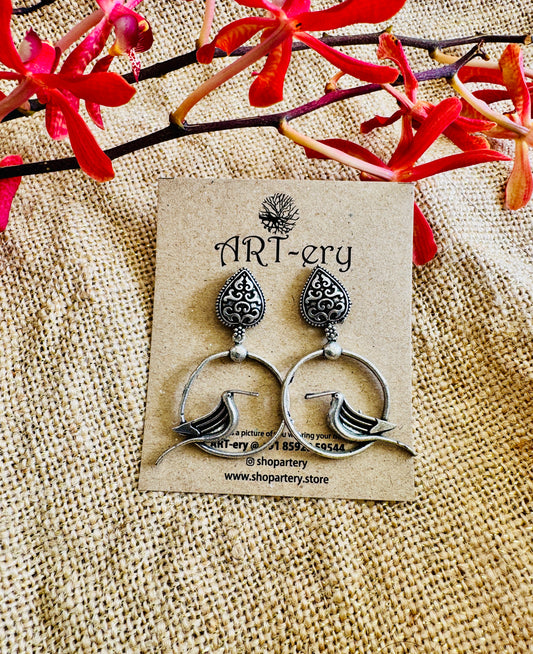 Bird on a ring earring