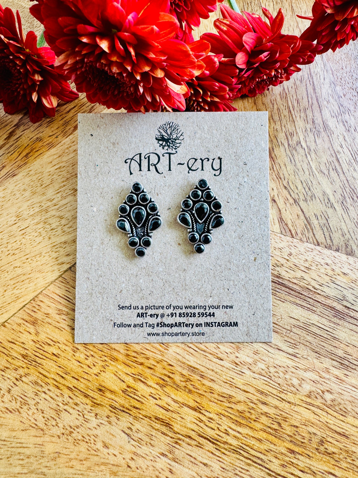 Oxidised Silver Black Stone Stud Earrings for Women