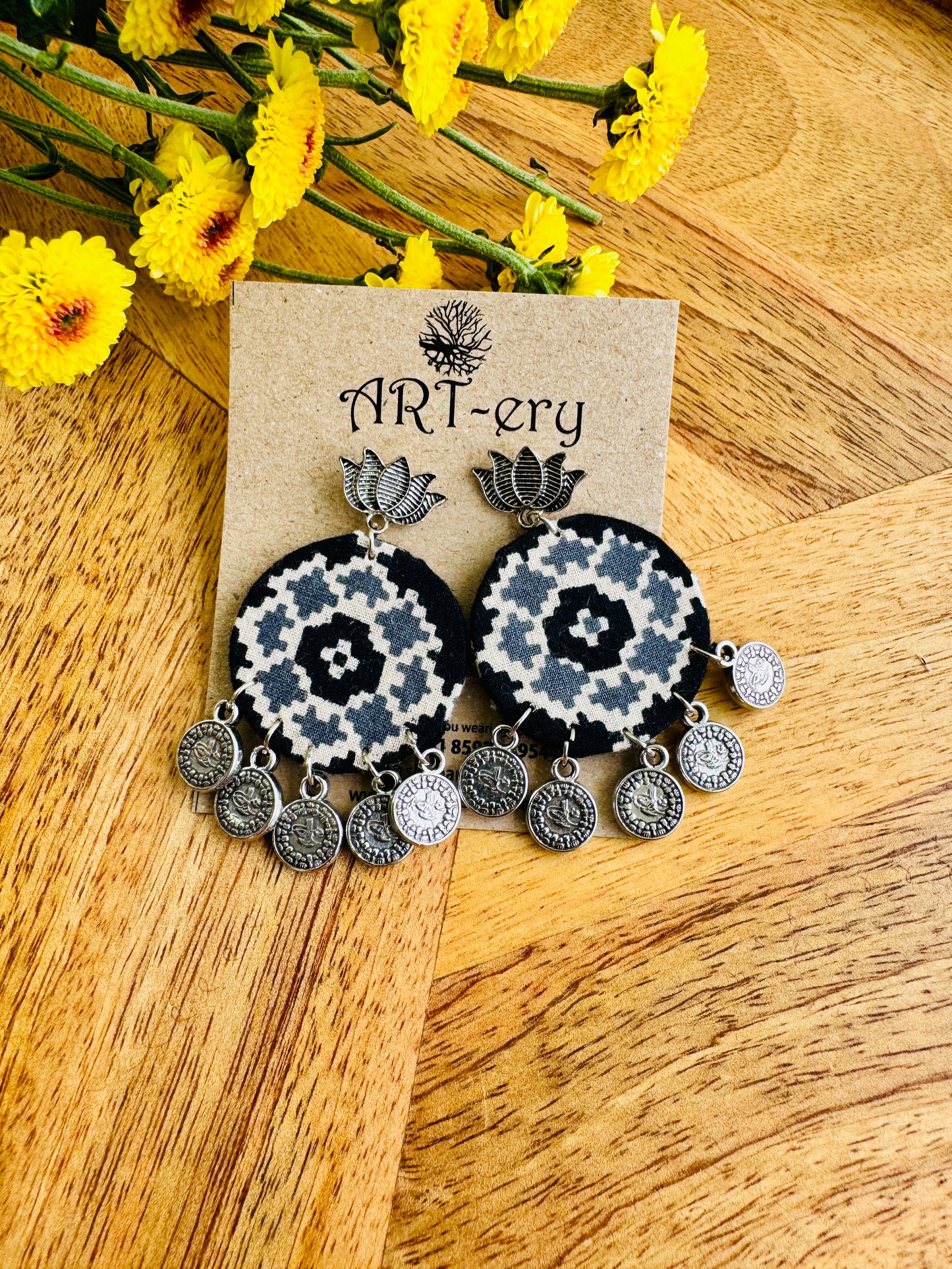 Handcrafted Fabric Statement Earrings with Oxidised Coin Charms | Boho Ethnic Earrings for Women
