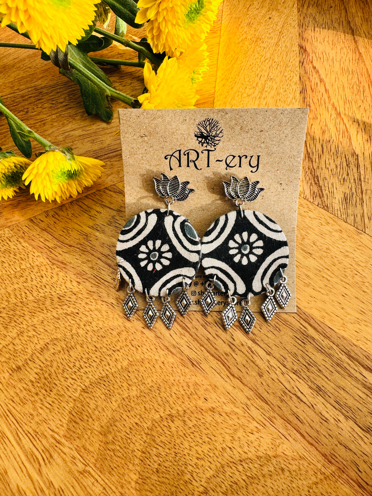 Handmade Fabric & Oxidised Silver Earrings - Black and white zig zag earrings