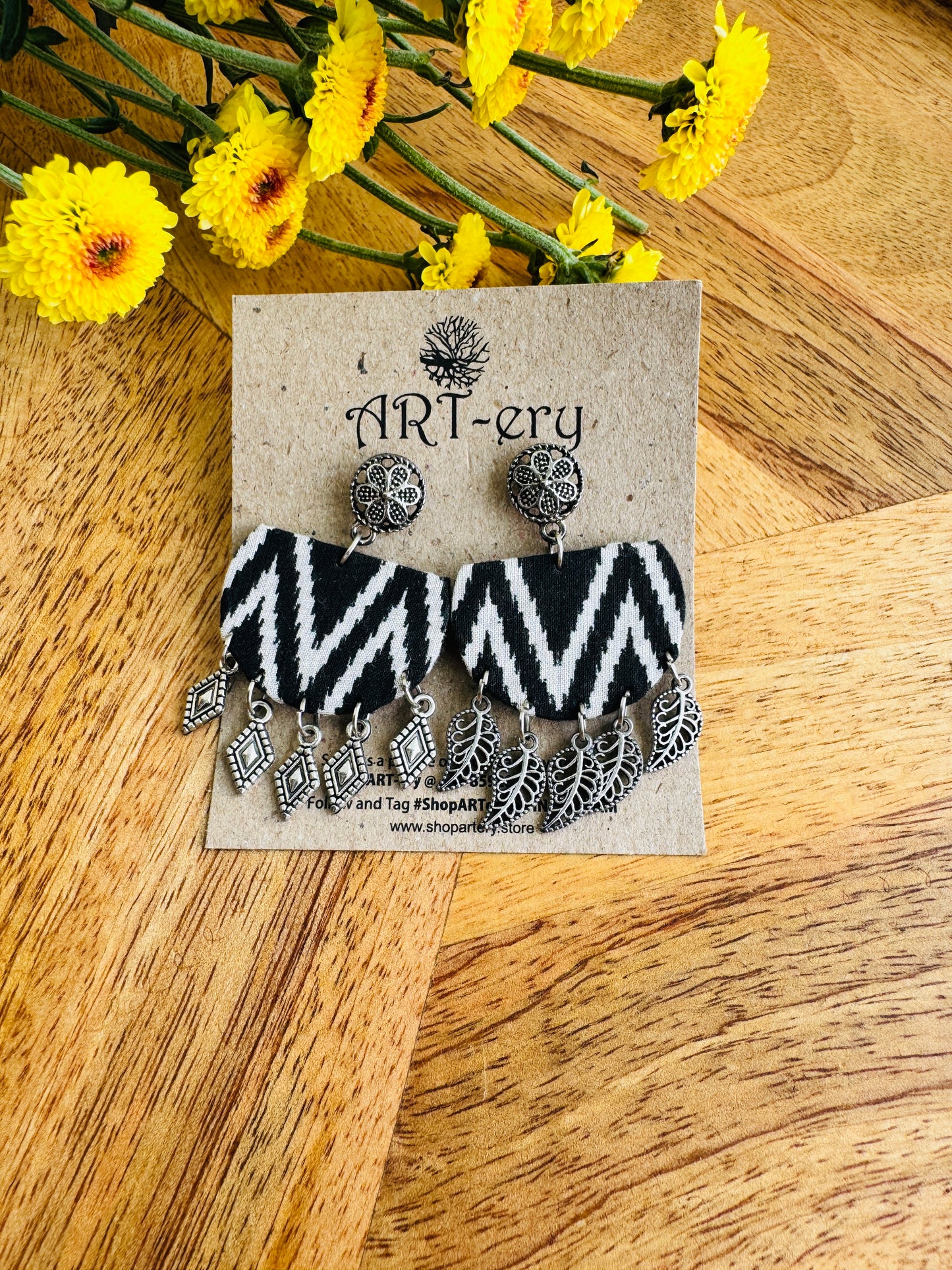 Handcrafted Fabric Statement Earrings | Boho Ethnic Earrings for Women - Zig Zag black and White