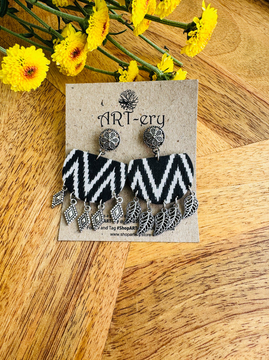 Handcrafted Fabric Statement Earrings | Boho Ethnic Earrings for Women - Zig Zag black and White