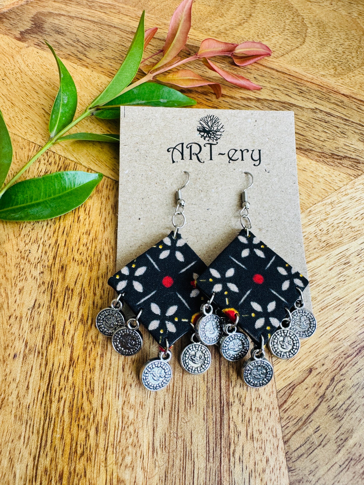 Lightweight Handmade Statement Jewellery - black ethnic printed earring