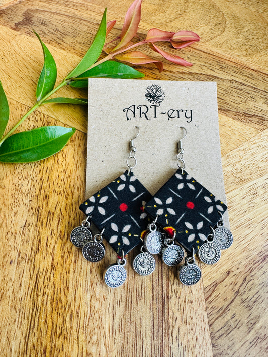 Lightweight Handmade Statement Jewellery - black ethnic printed earring