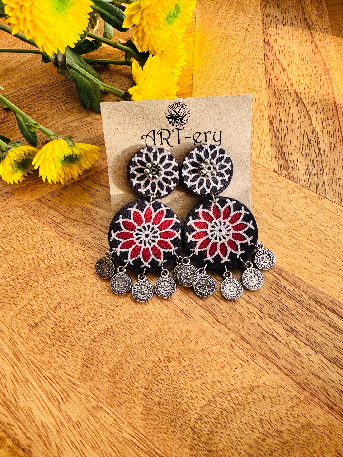 Handmade Fabric & Oxidised Silver Earrings - Black ethnic indian earrings