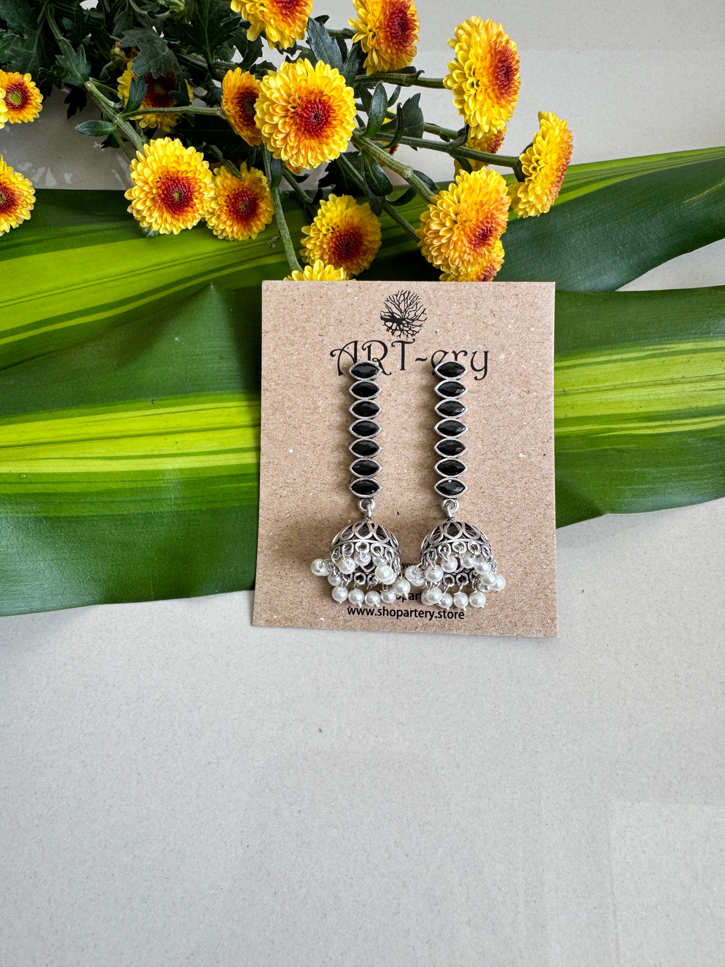 Stone earring with jhumka earrings - Black