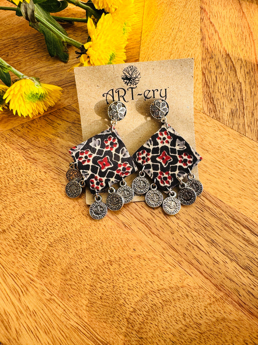 Handmade Fabric & Oxidised Silver Earrings - Black printed ethnic earrings