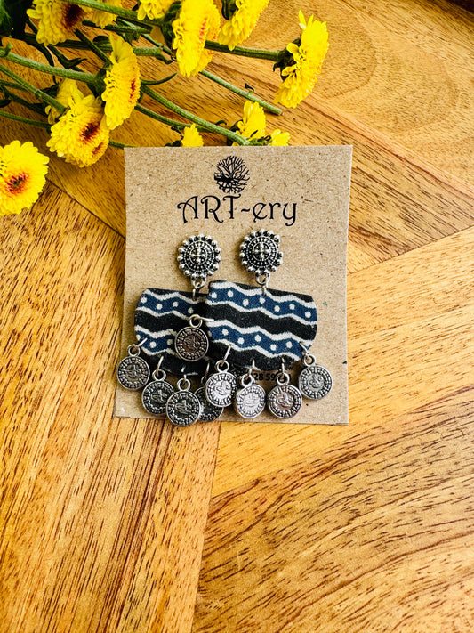 Handcrafted Fabric Statement Earrings | Boho Ethnic Earrings for Women - Black printed