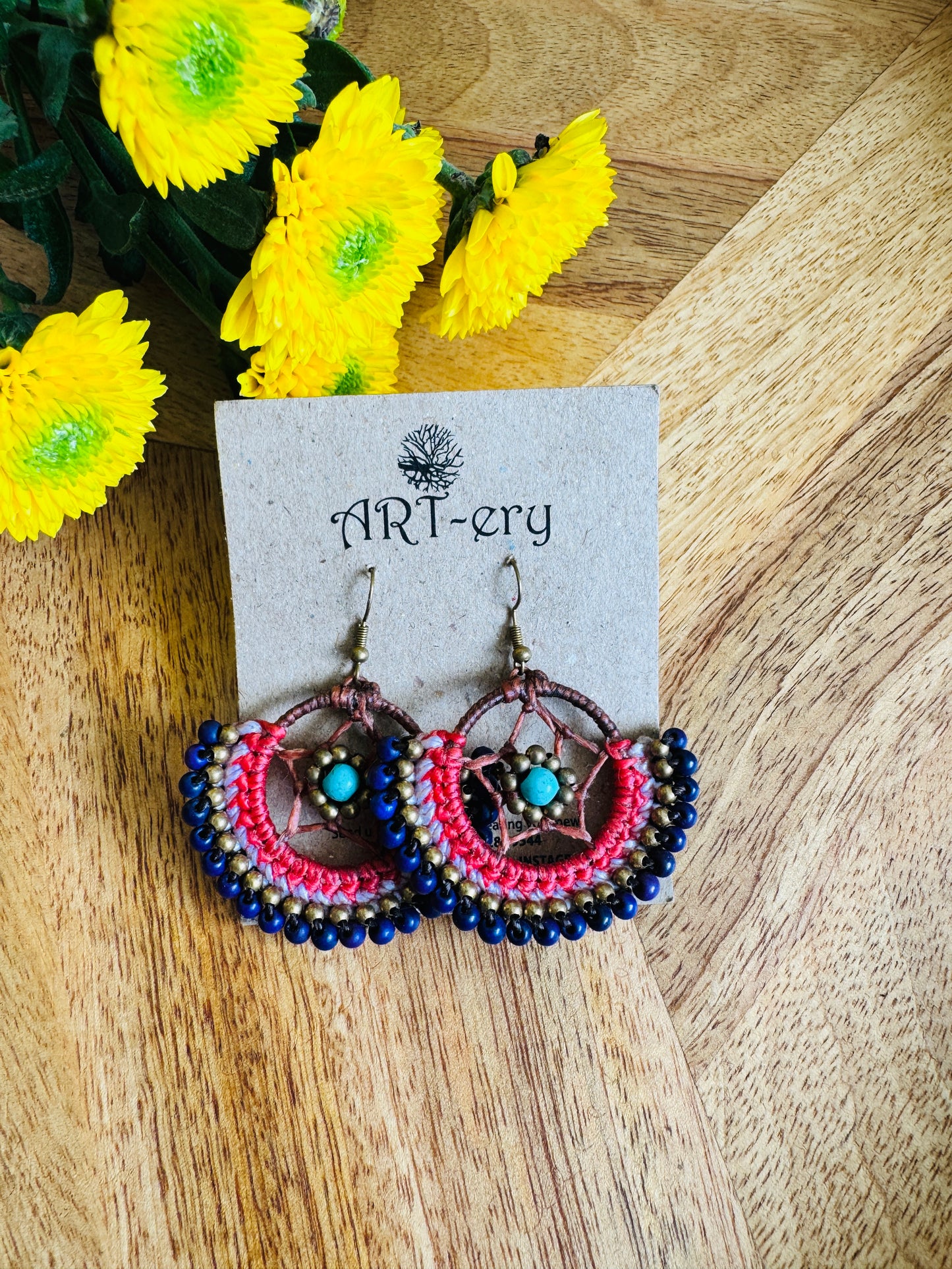 Crochet Thread & Bead Earrings - Blue star with pink