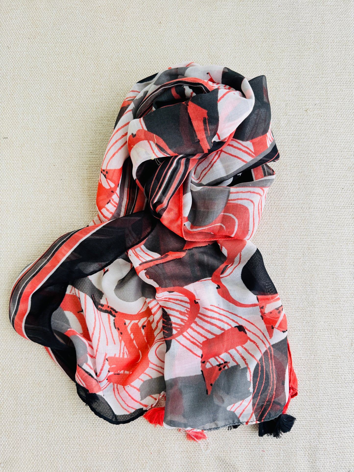 Bright poly cotton scarf - Lightweight long stole - Black orange stole