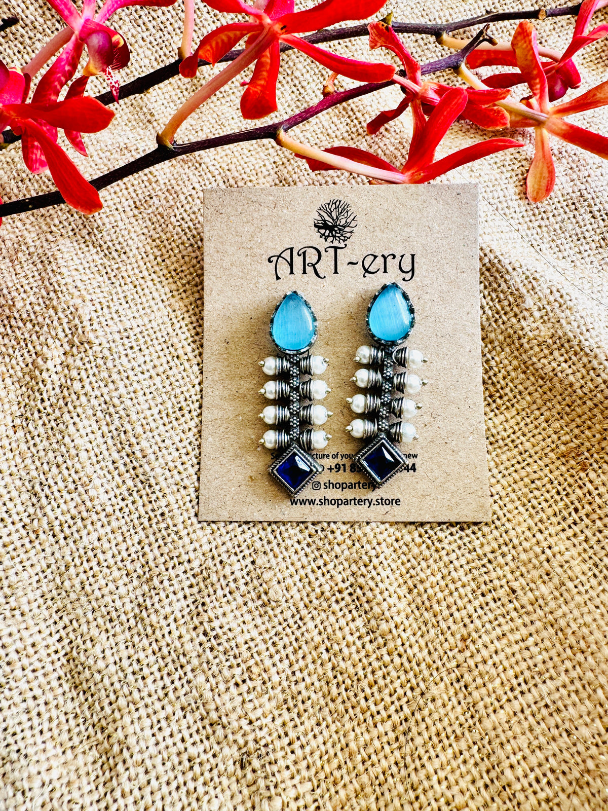 Blue Pearl and stone Stone Statement Earrings