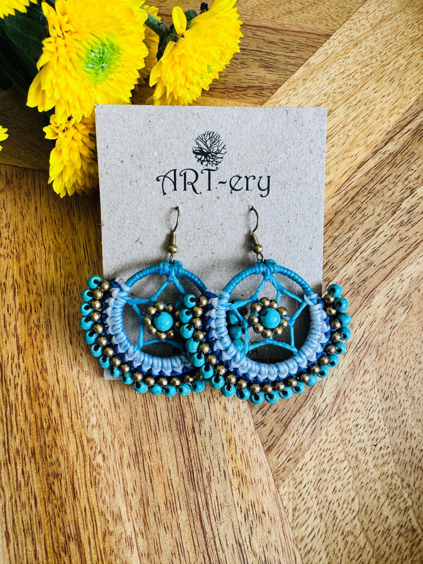 Crochet Thread & Bead Earrings - Turquoise blue