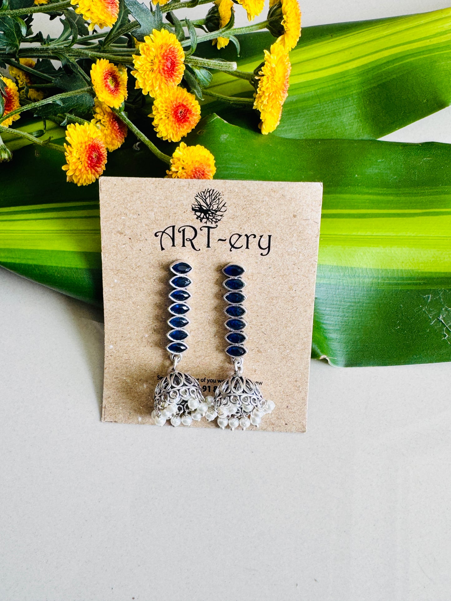 Stone earring with jhumka earrings - blue