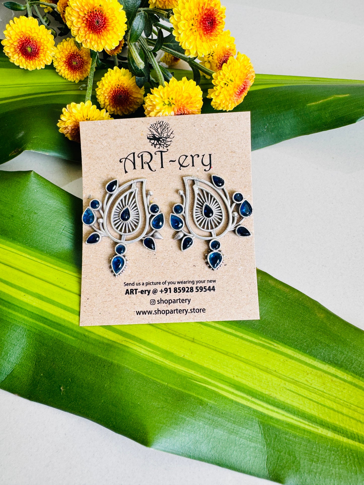 Blue Sapphire-Inspired Oxidised Silver Statement Earrings